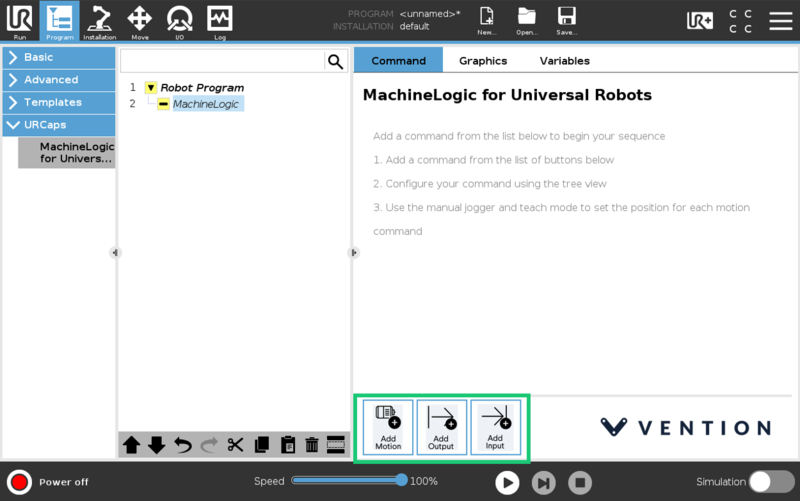 Figure 21: Add Motion, Add Output and Add Input buttons in the MachineLogic for UR Command Tab