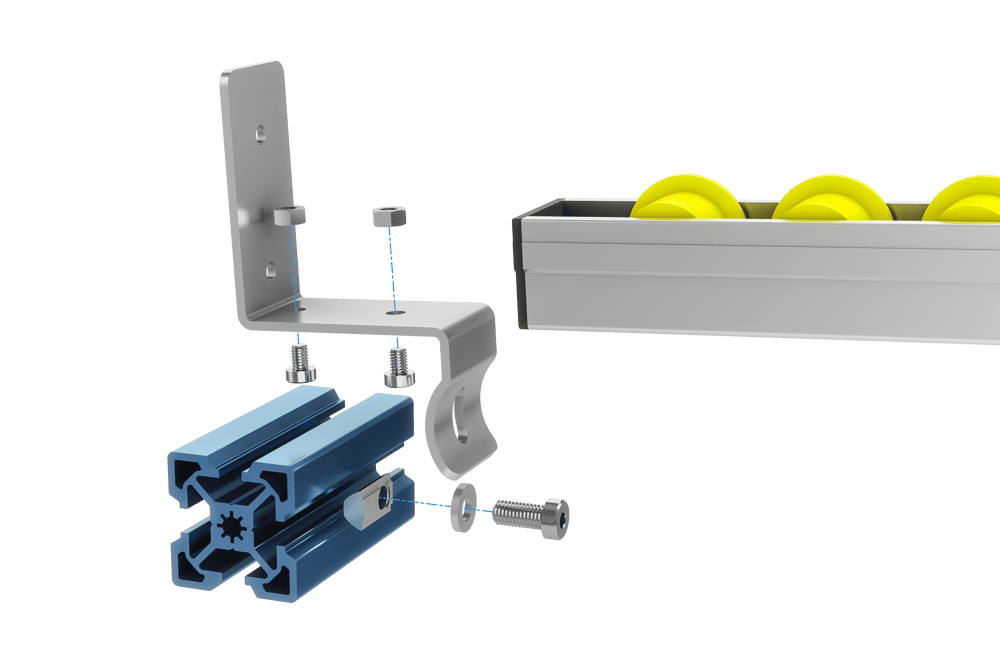 Flow rail exploded view: mounting with end stop configuration.