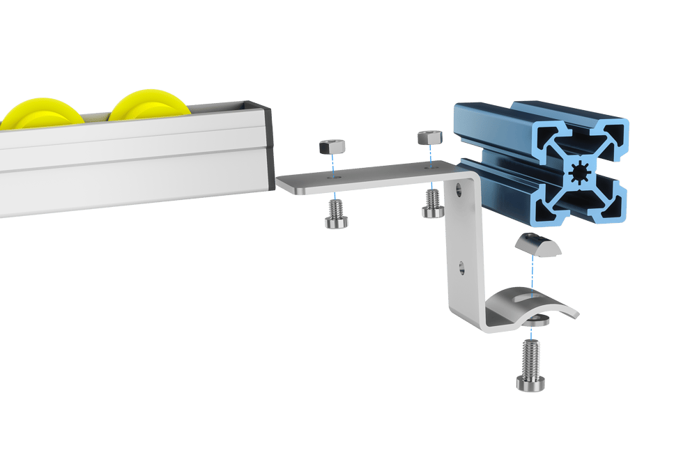 Flow rail exploded view: no end stop configuration.