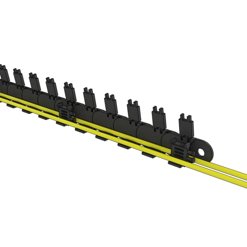 Drag chain section view with strain relief brackets.