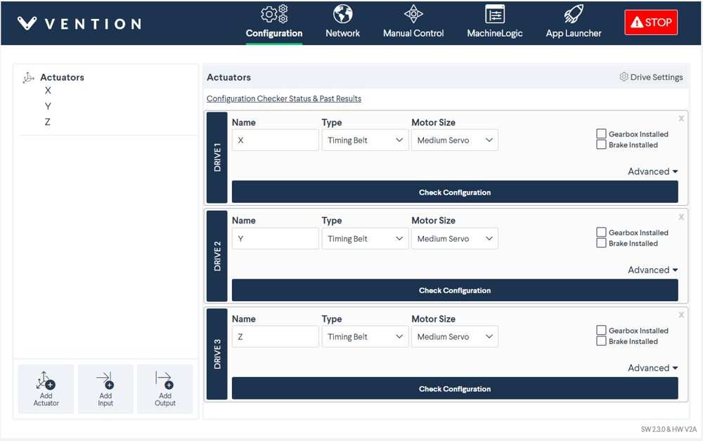 Figure 12: Control Center actuator configuration tab - MachineMotion 2 controller shown - CE-CL-010-0004.