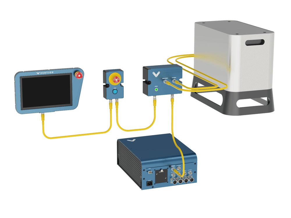 Figure 1: Robot Safety Module with Vention Pendant, E-Stop and Reset Module 2, Cobot Controller and MachineMotion 2