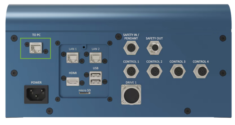 Figure 5: The "TO PC" Ethernet port on the MachineMotion controller, in the green box. MachineMotion 2 controller shown - CE-CL-010-0001.