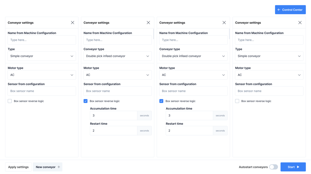 Conveyor settings