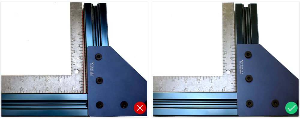 Left: Avoid creating crooked joints. Right: Check with a framing square to attain the correct perpendicular joint.